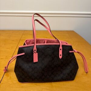 Coach Dark Brown Signature Tote with Pink Trim and Handles